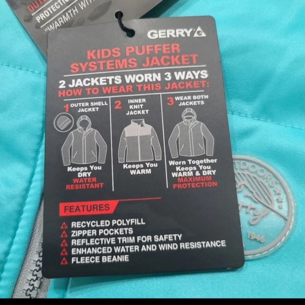 GERRY 3-in-1 Kids Gray/Teal Rain & Puffer Hooded Jacket Combo With Beani…